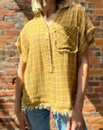 Mustard Raw Hem Gauze Top