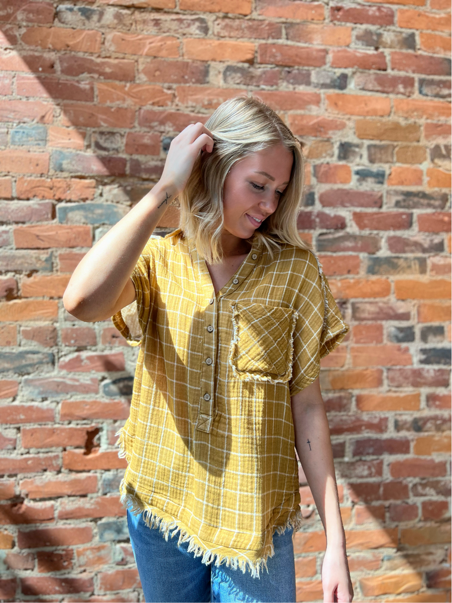 Mustard Raw Hem Gauze Top