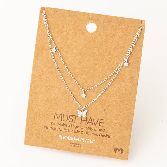 Silver Layered Butterfly Charm Necklace