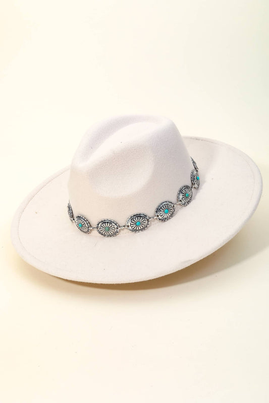 White Turquoise Chain Fedora Hat