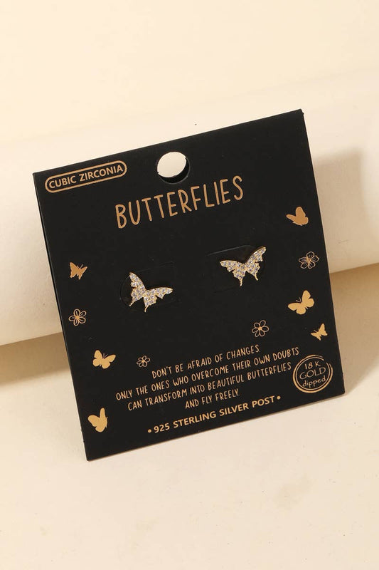 Gold Dipped Mini Pave Butterfly Stud Earrings