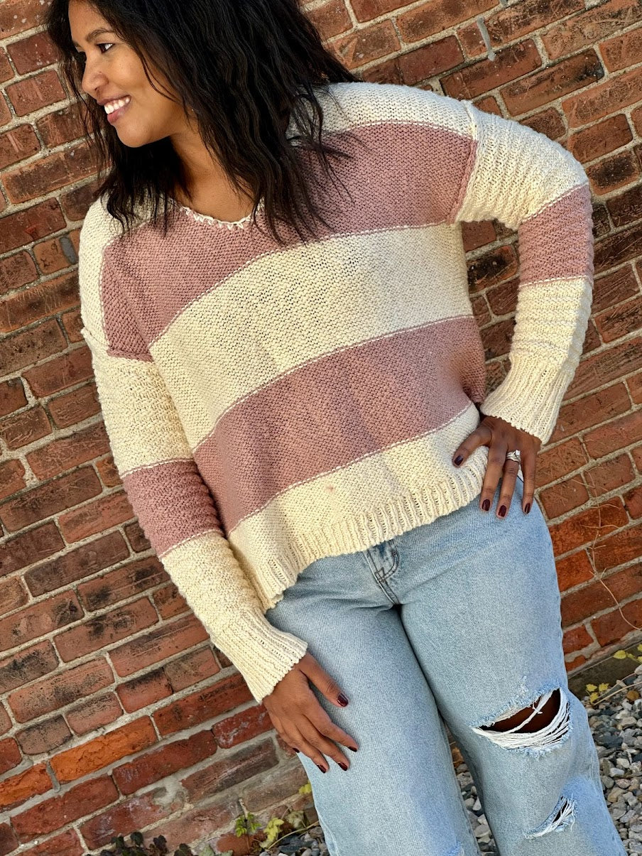 Mauve and Cream Striped Sweater