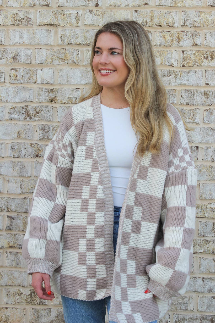 Flora Checkered Cardigan: L/XL / Taupe